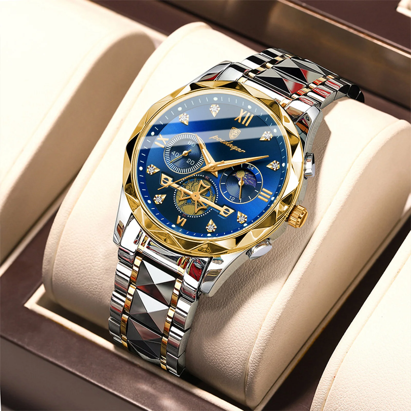 Poedagar Watch for Men Fashion Multifunctional Dial Design Chronograph Quartz Watches Man Stainless Steel  Wrist (996 )